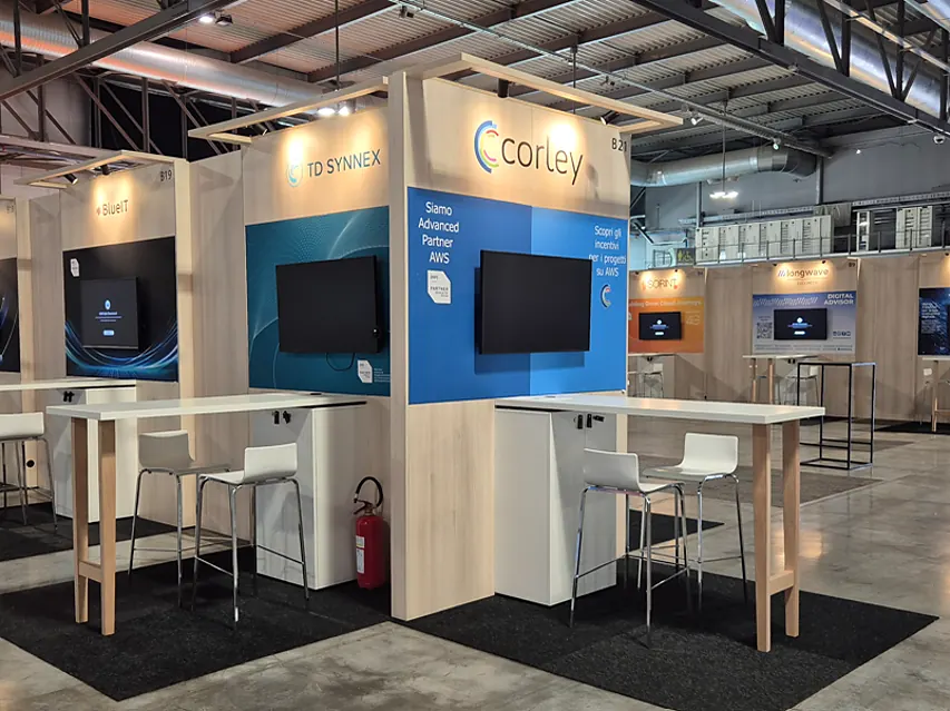 Row of linked stands including Corley and TD Synnex, each with a screen and a high table