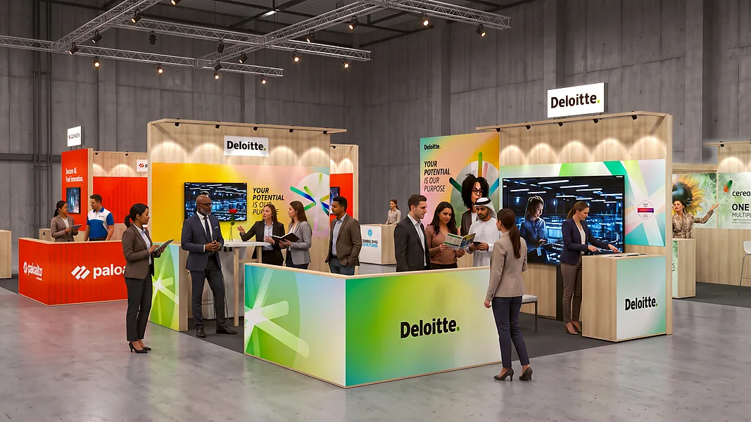 Drukke beursvloer met bezoekers in gesprek bij stands van Deloitte en Palo Alto
