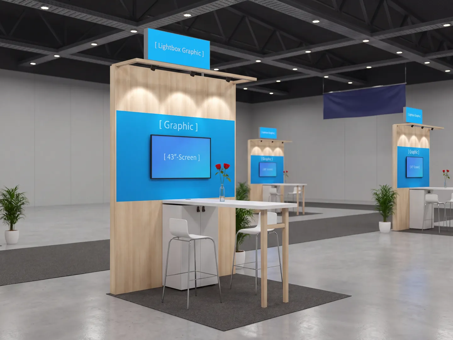 Standtype van twee bij twee meter op de beursvloer, met een berken achterwand met full color print, een 43 inch scherm, een lightbox erboven en een statafel met twee krukken