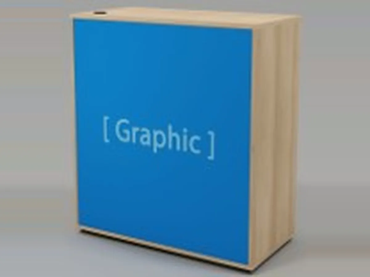 Demo-unit met een ombouw van berken en een blauw printvlak op de voorzijde